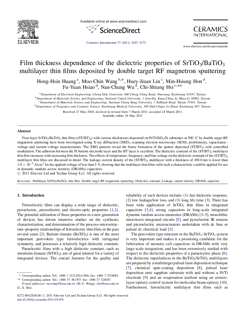 Film thickness dependence of the dielectric properties of SrTiO3/BaTiO3 multilayer thin films deposited by double target RF magnetron sputtering