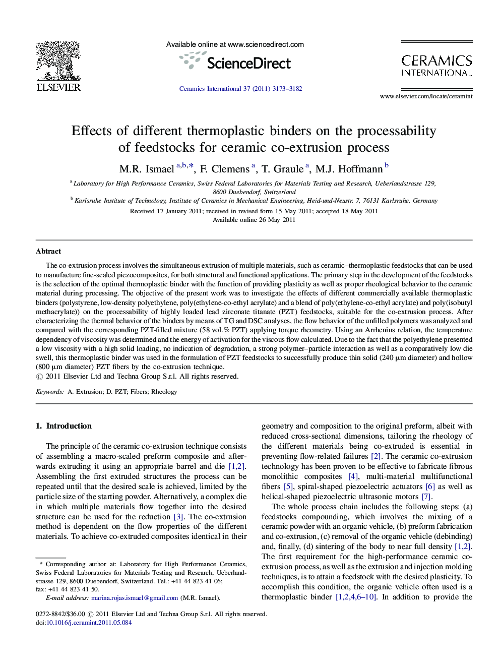 عکس صفحه اول مقاله: Effects of different thermoplastic binders on the processability of feedstocks for ceramic co-extrusion process Effects of different thermoplastic binders on the processability of feedstocks for ceramic co-extrusion process