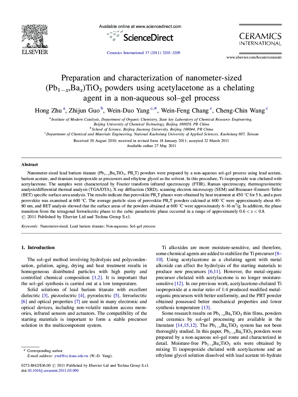 Preparation and characterization of nanometer-sized (Pb1−x,Bax)TiO3 powders using acetylacetone as a chelating agent in a non-aqueous sol–gel process