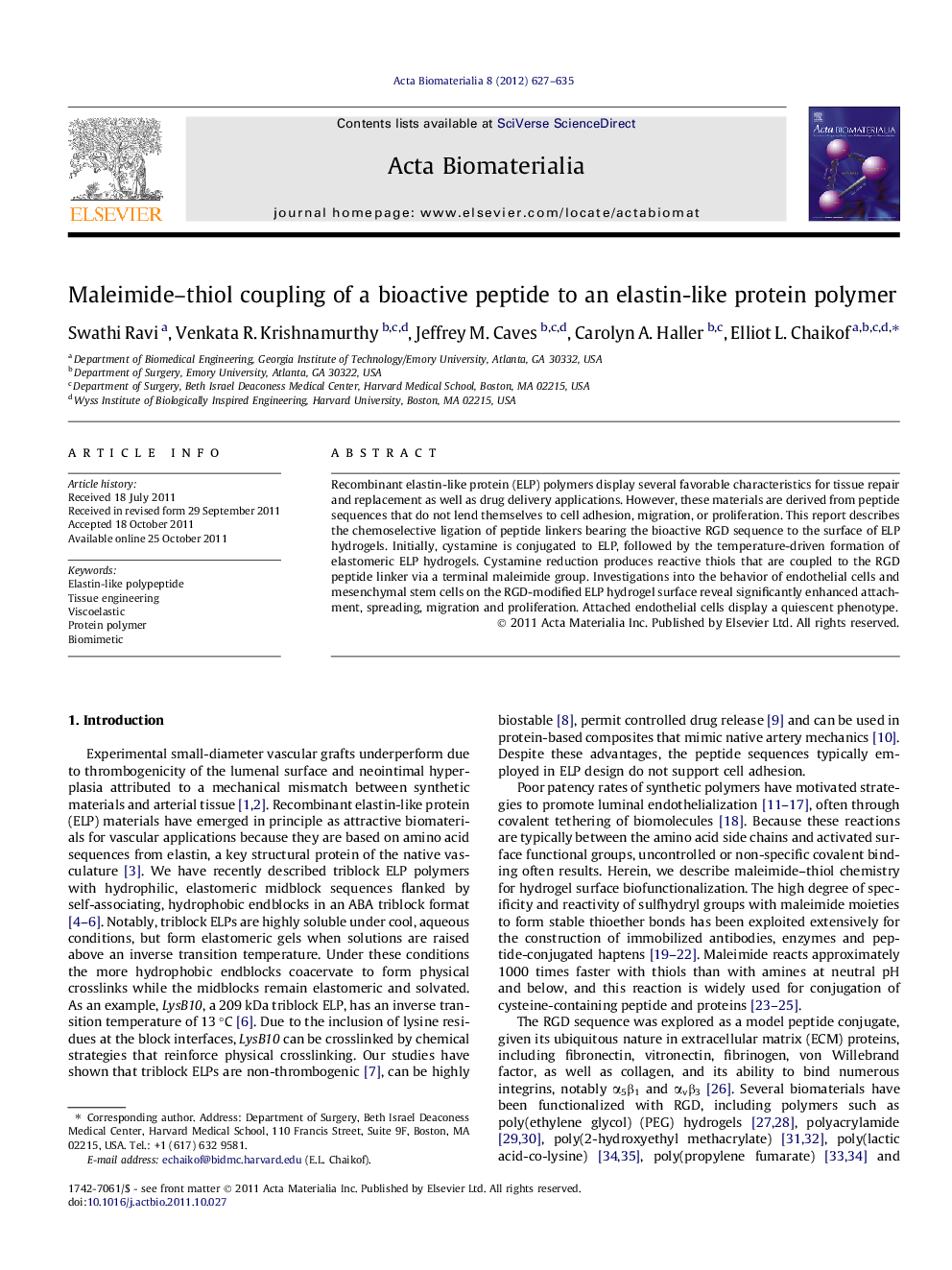 Maleimide–thiol coupling of a bioactive peptide to an elastin-like protein polymer