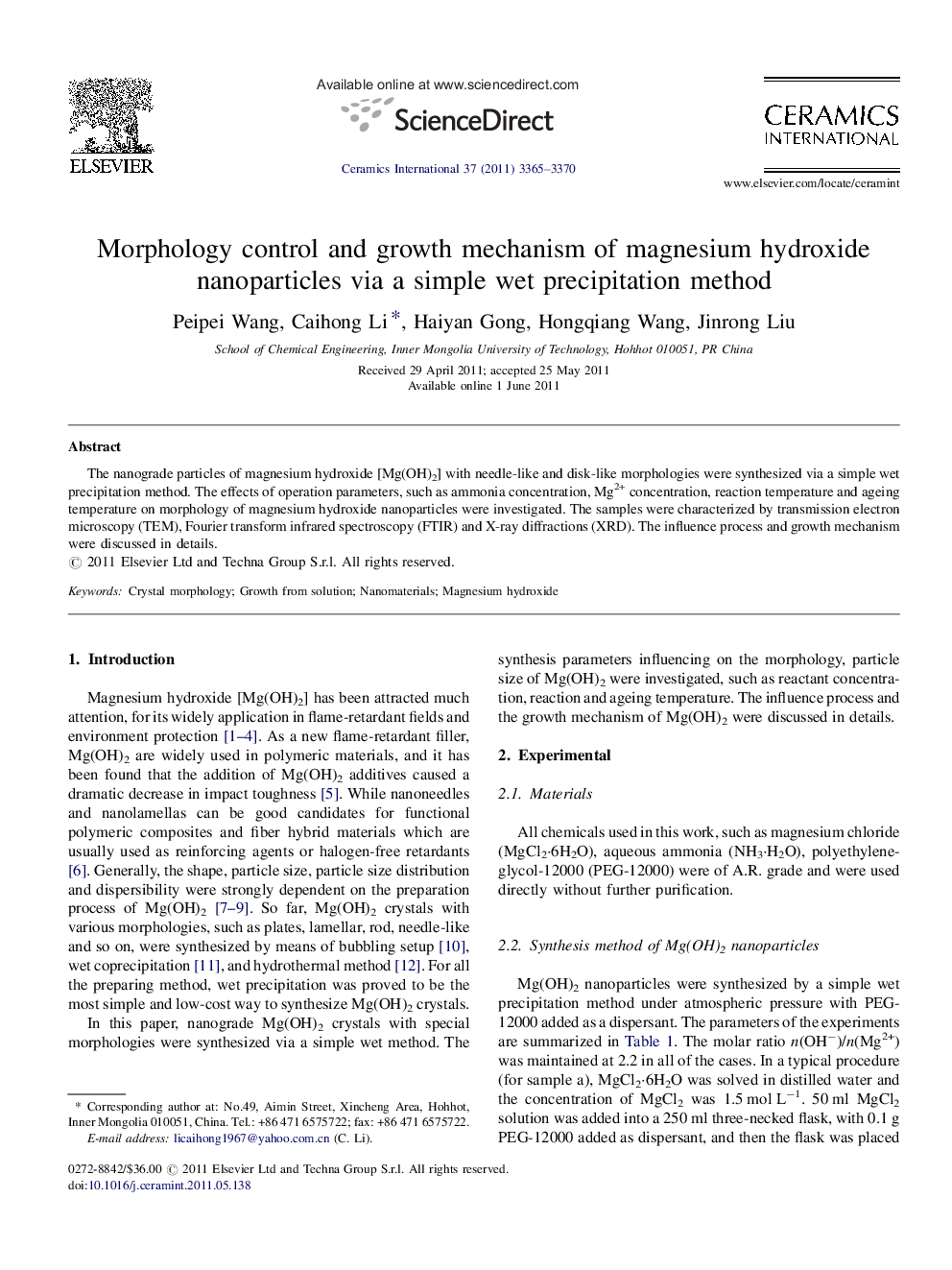 Morphology control and growth mechanism of magnesium hydroxide nanoparticles via a simple wet precipitation method