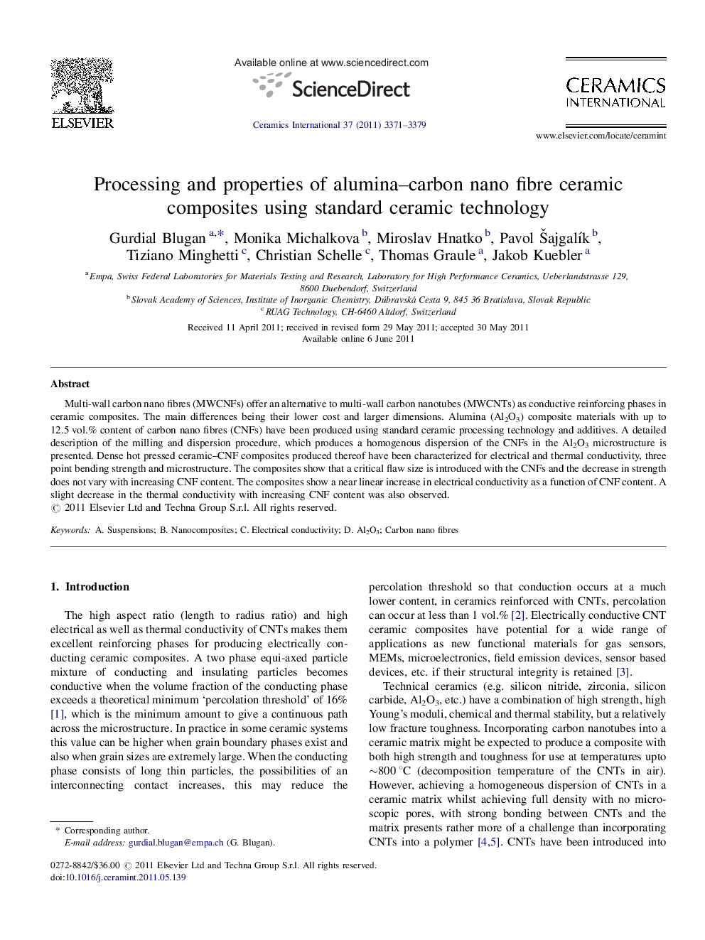 Processing and properties of alumina–carbon nano fibre ceramic composites using standard ceramic technology