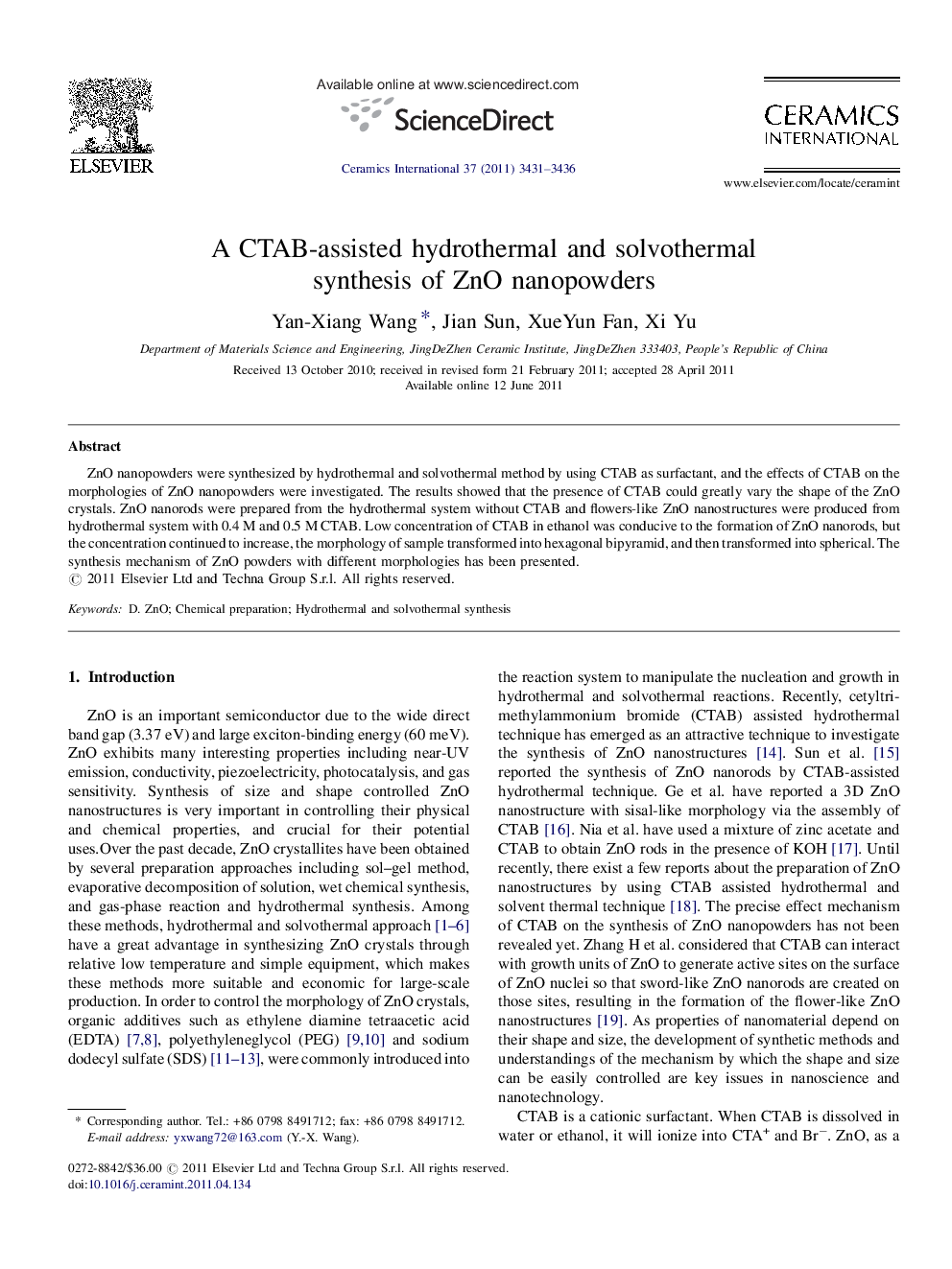 A CTAB-assisted hydrothermal and solvothermal synthesis of ZnO nanopowders