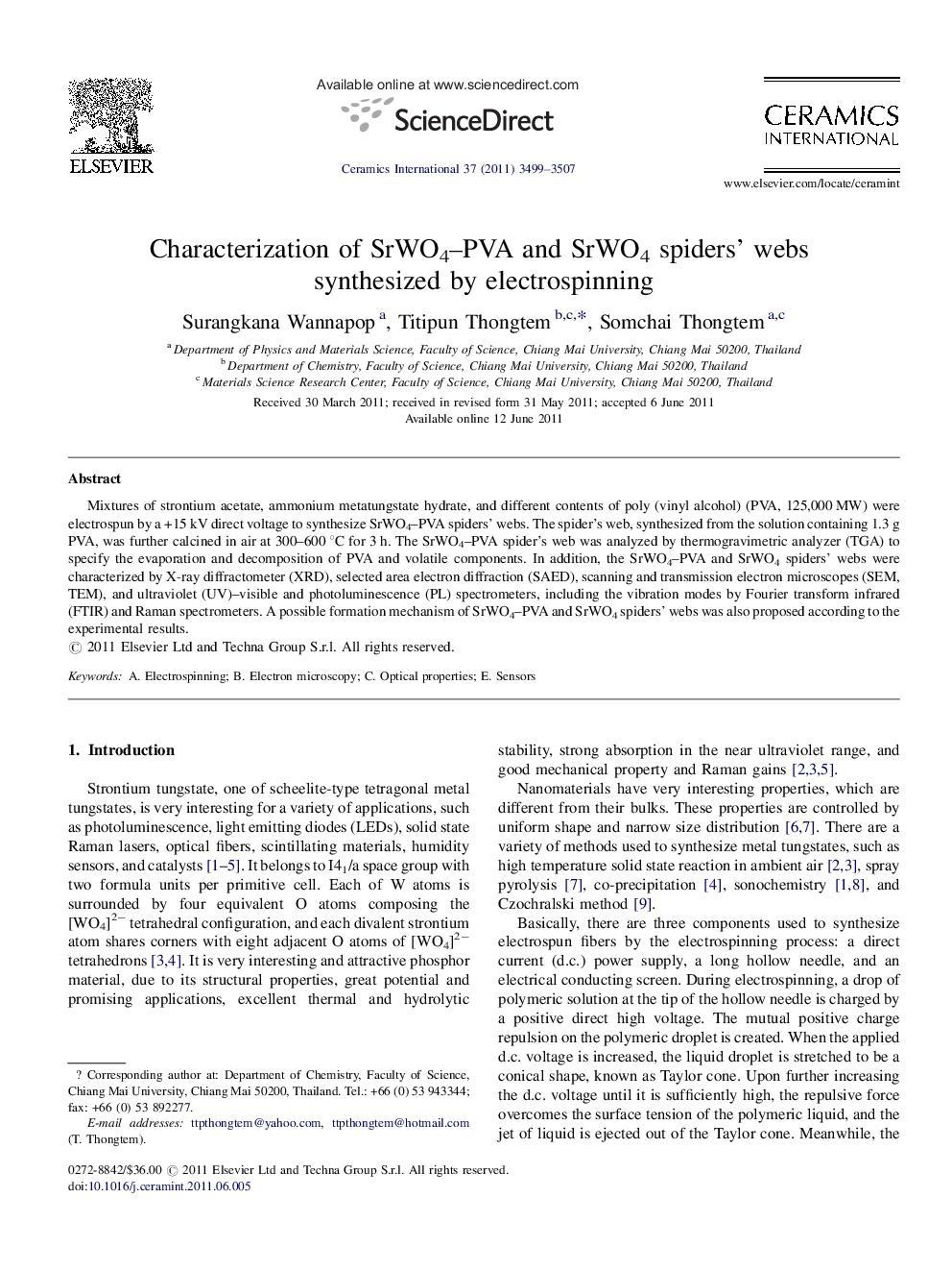 Characterization of SrWO4–PVA and SrWO4 spiders’ webs synthesized by electrospinning