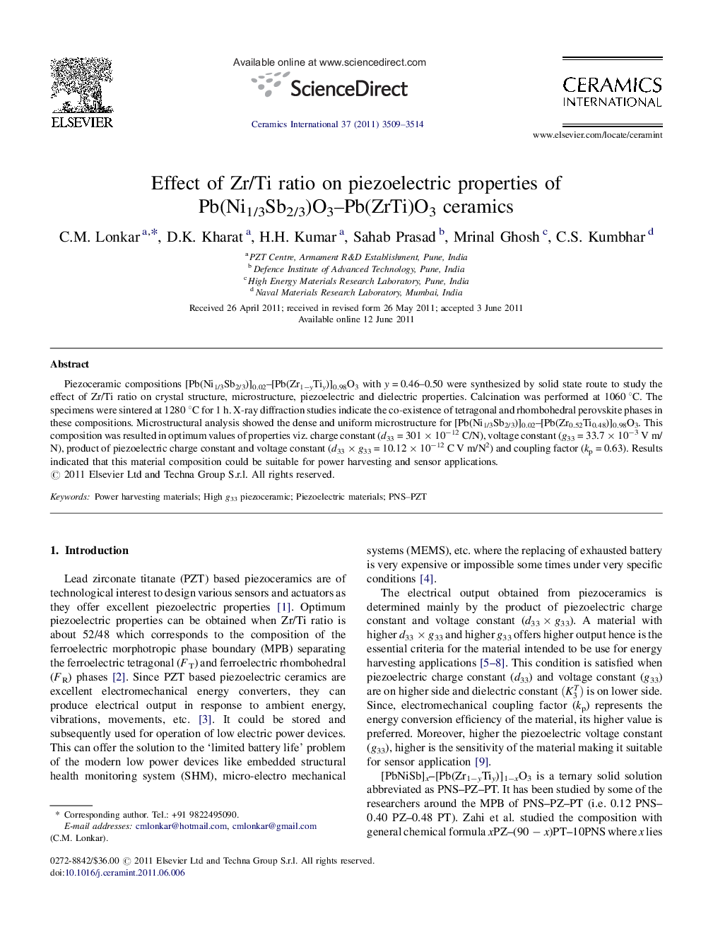 Effect of Zr/Ti ratio on piezoelectric properties of Pb(Ni1/3Sb2/3)O3–Pb(ZrTi)O3 ceramics