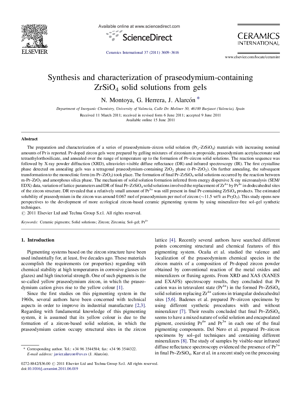 Synthesis and characterization of praseodymium-containing ZrSiO4 solid solutions from gels