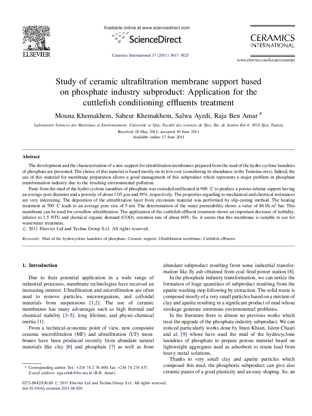 Study of ceramic ultrafiltration membrane support based on phosphate industry subproduct: Application for the cuttlefish conditioning effluents treatment