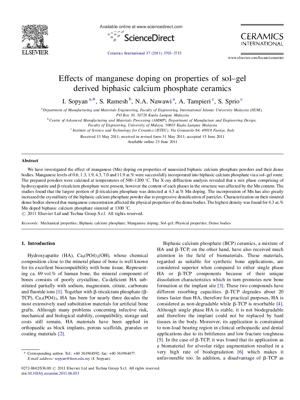 Effects of manganese doping on properties of sol–gel derived biphasic calcium phosphate ceramics