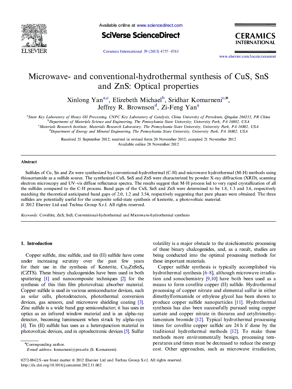 Microwave- and conventional-hydrothermal synthesis of CuS, SnS and ZnS: Optical properties