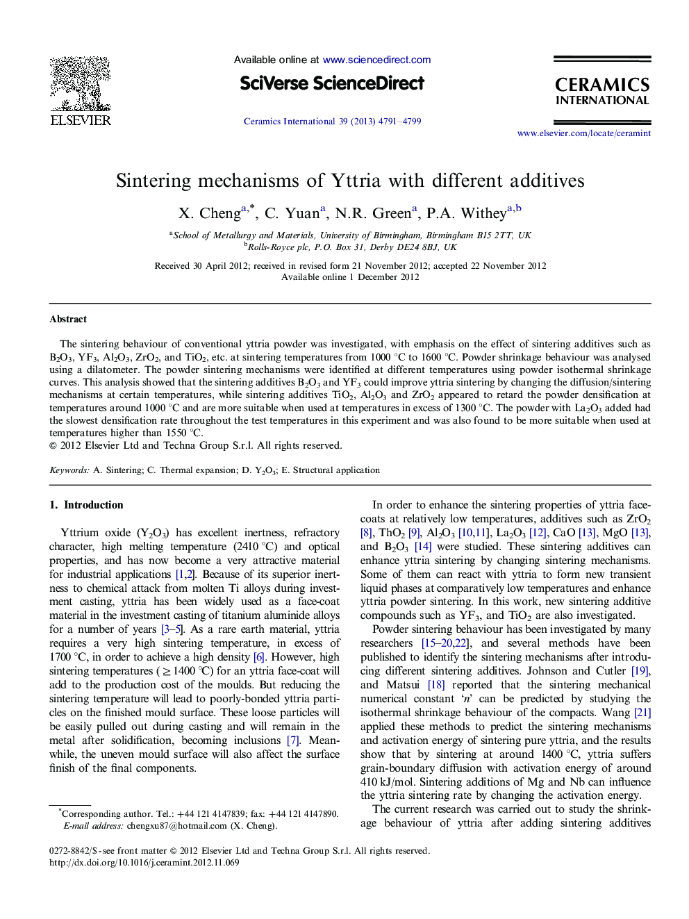 عکس صفحه اول مقاله: Sintering mechanisms of Yttria with different additives Sintering mechanisms of Yttria with different additives