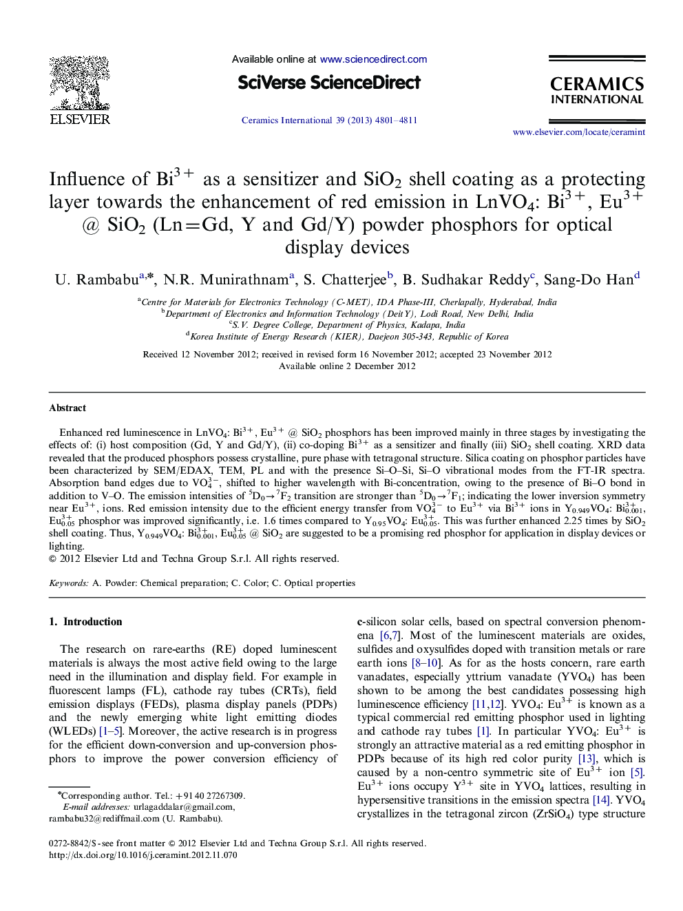 Influence of Bi3+ as a sensitizer and SiO2 shell coating as a protecting layer towards the enhancement of red emission in LnVO4: Bi3+, Eu3+ @ SiO2 (Ln=Gd, Y and Gd/Y) powder phosphors for optical display devices