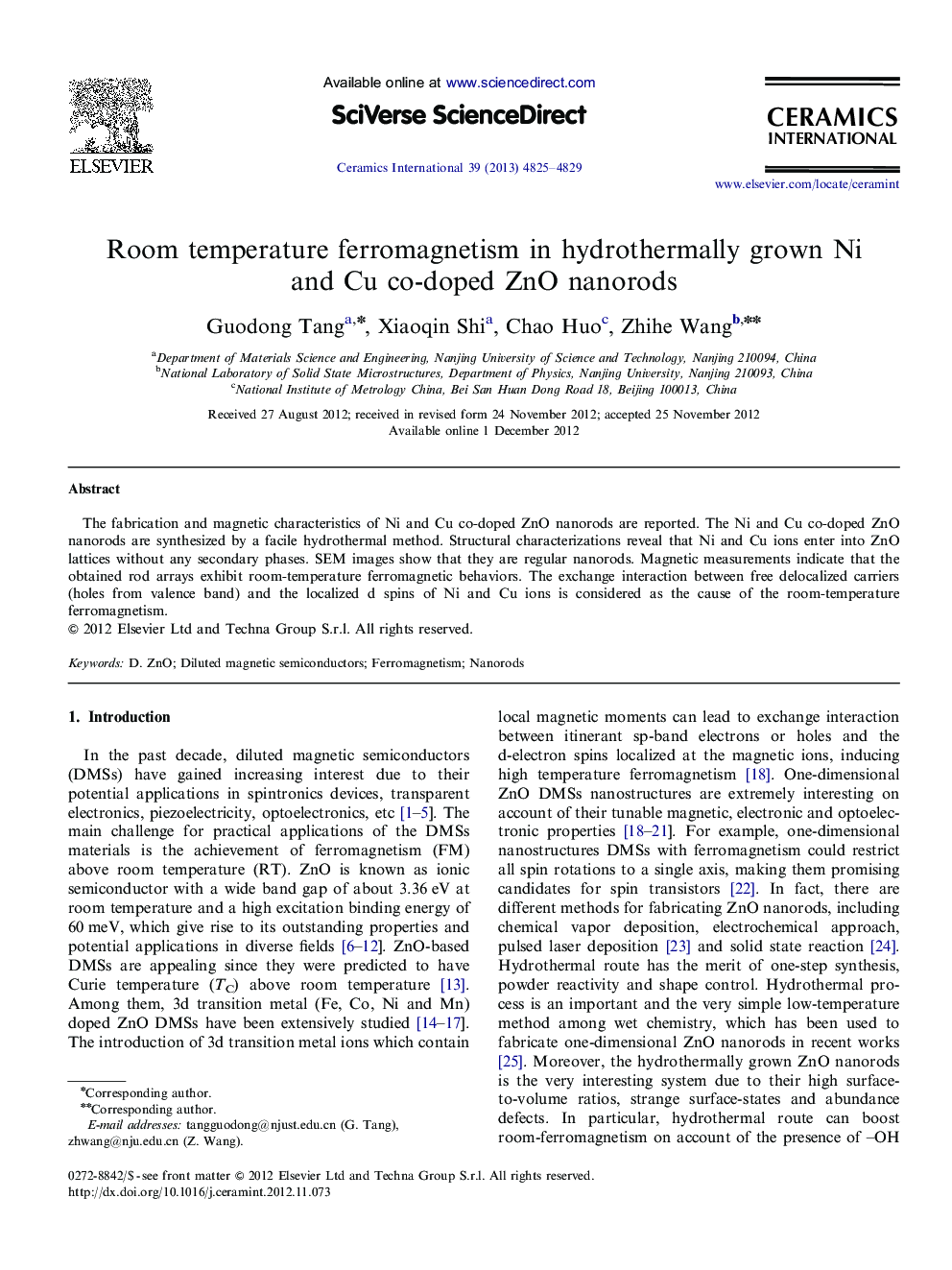 Room temperature ferromagnetism in hydrothermally grown Ni and Cu co-doped ZnO nanorods