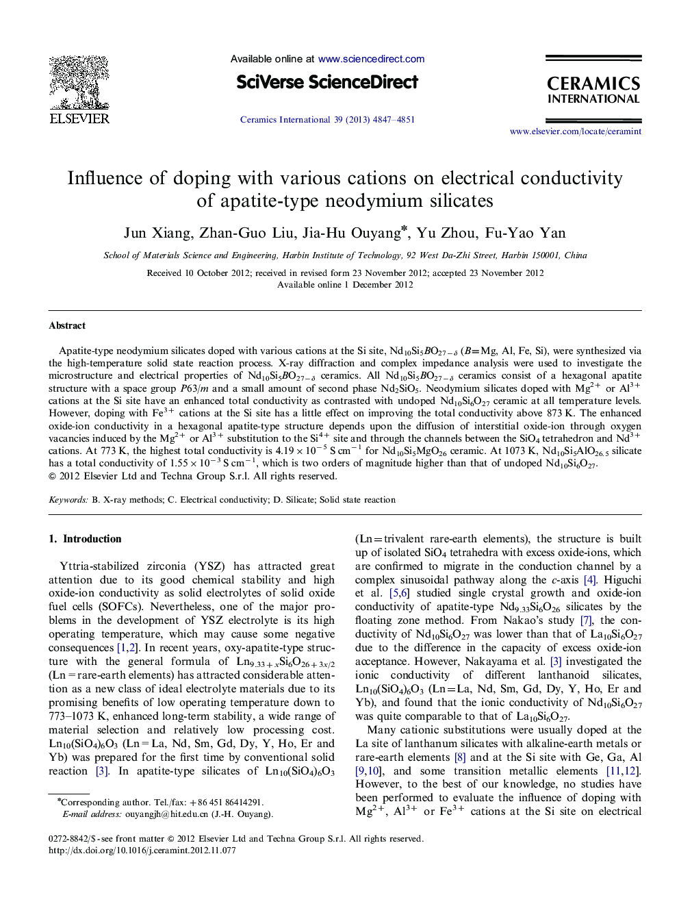 Influence of doping with various cations on electrical conductivity of apatite-type neodymium silicates