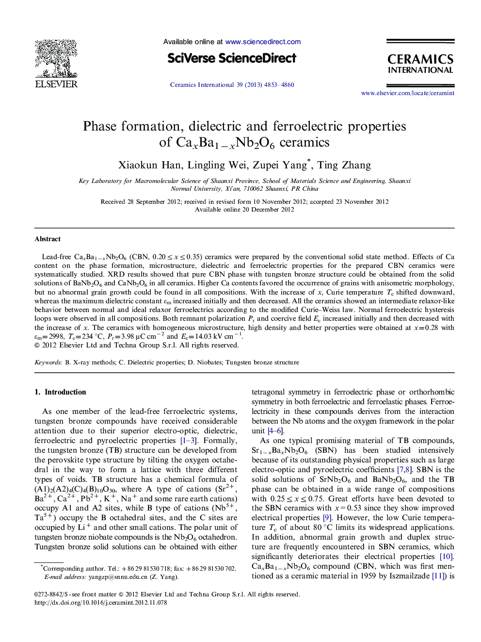 Phase formation, dielectric and ferroelectric properties of CaxBa1−xNb2O6 ceramics