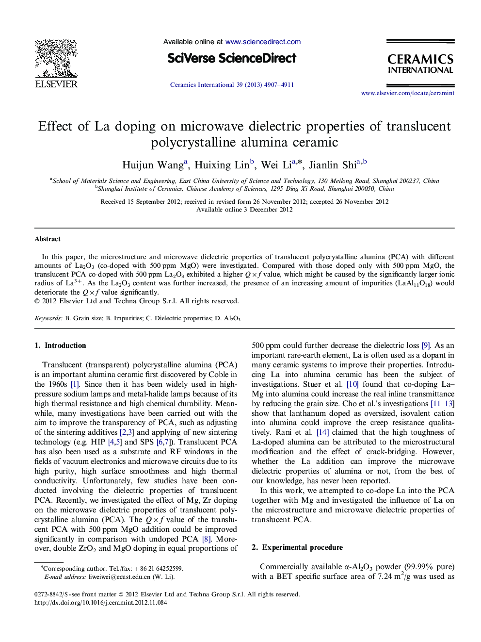 Effect of La doping on microwave dielectric properties of translucent polycrystalline alumina ceramic