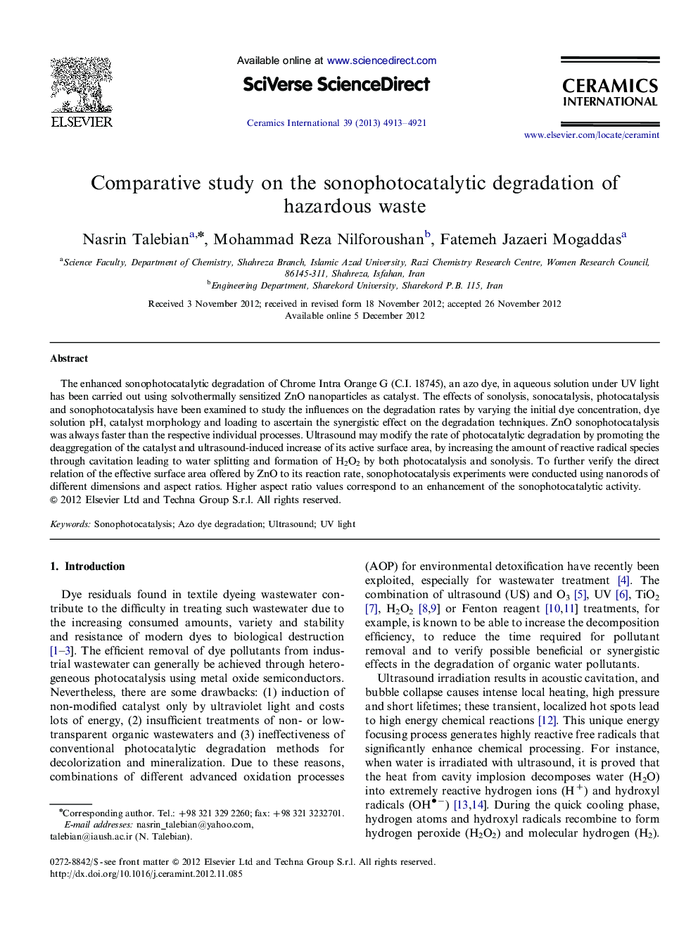 Comparative study on the sonophotocatalytic degradation of hazardous waste