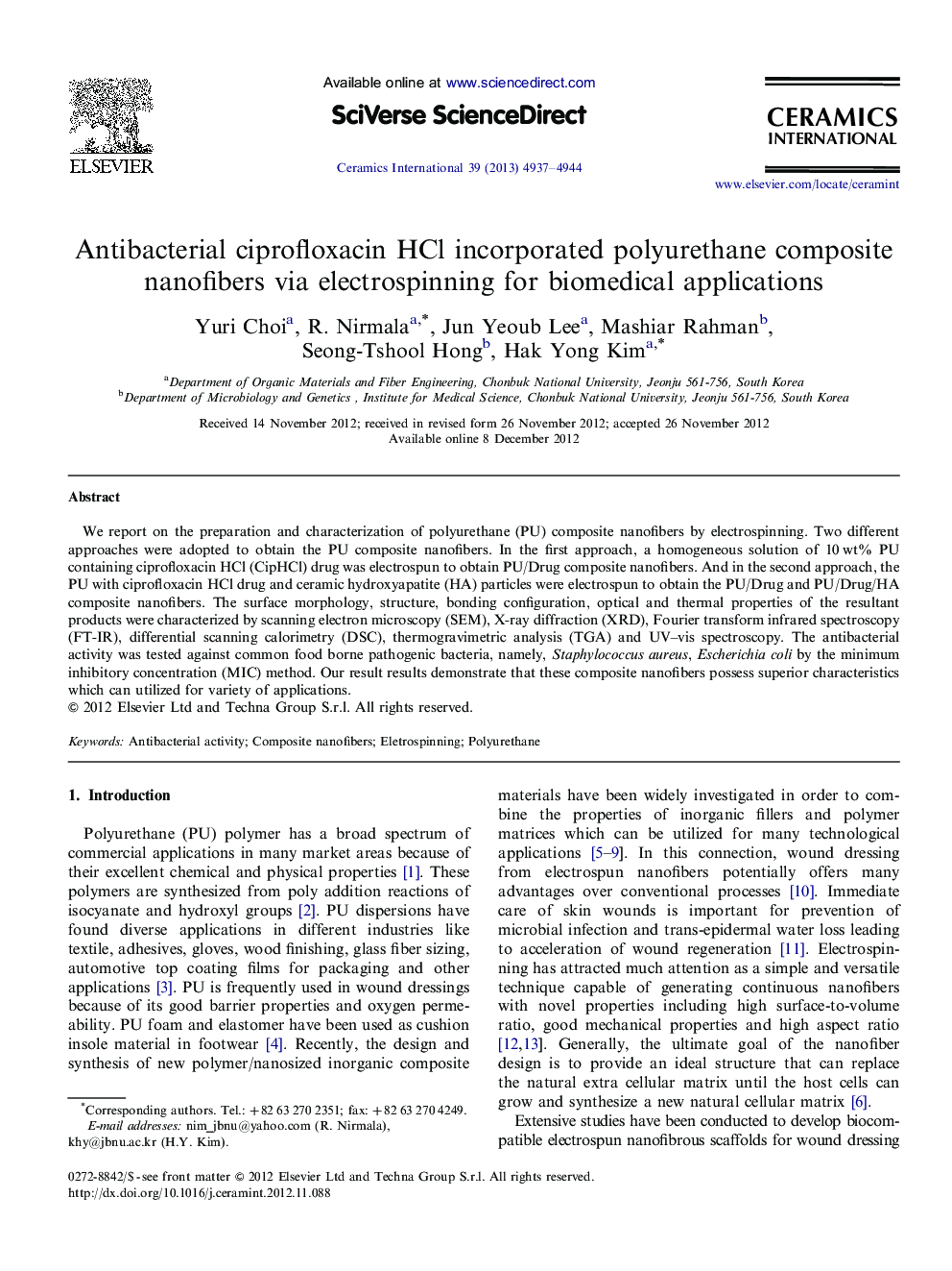 Antibacterial ciprofloxacin HCl incorporated polyurethane composite nanofibers via electrospinning for biomedical applications