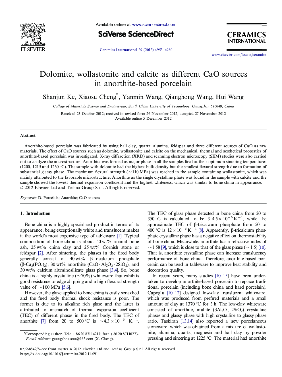 Dolomite, wollastonite and calcite as different CaO sources in anorthite-based porcelain