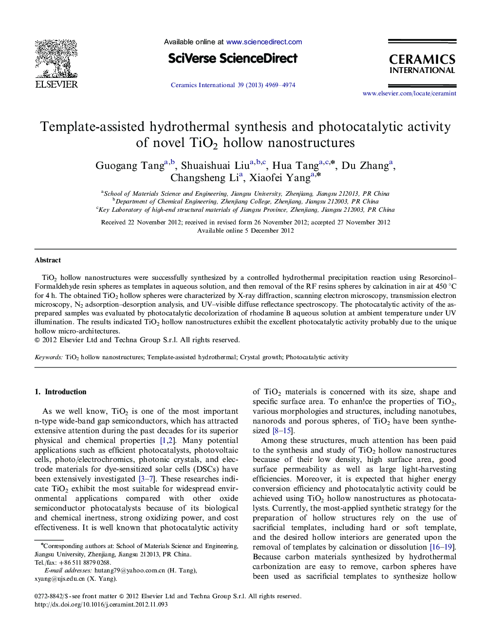 Template-assisted hydrothermal synthesis and photocatalytic activity of novel TiO2 hollow nanostructures
