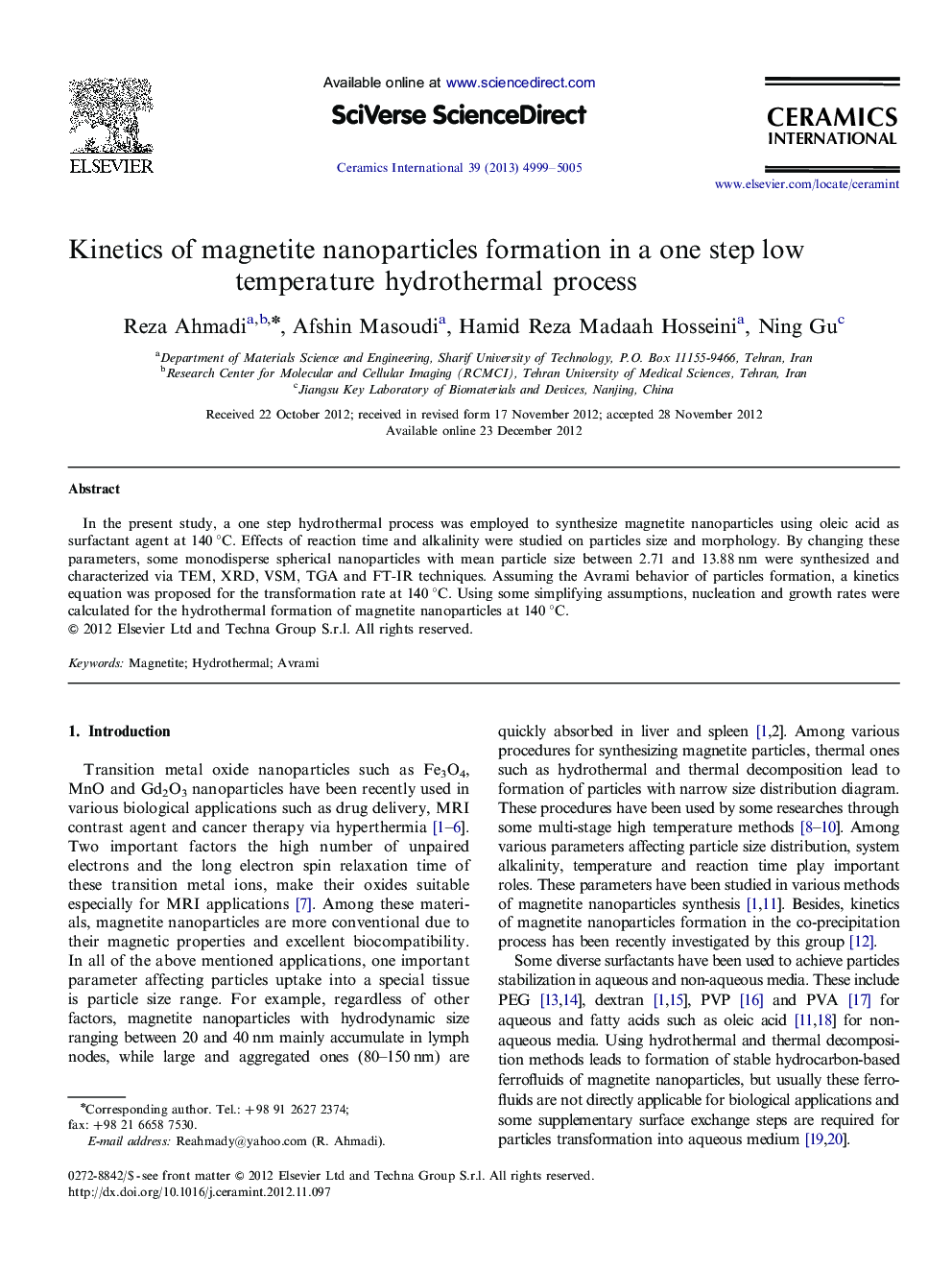 Kinetics of magnetite nanoparticles formation in a one step low temperature hydrothermal process