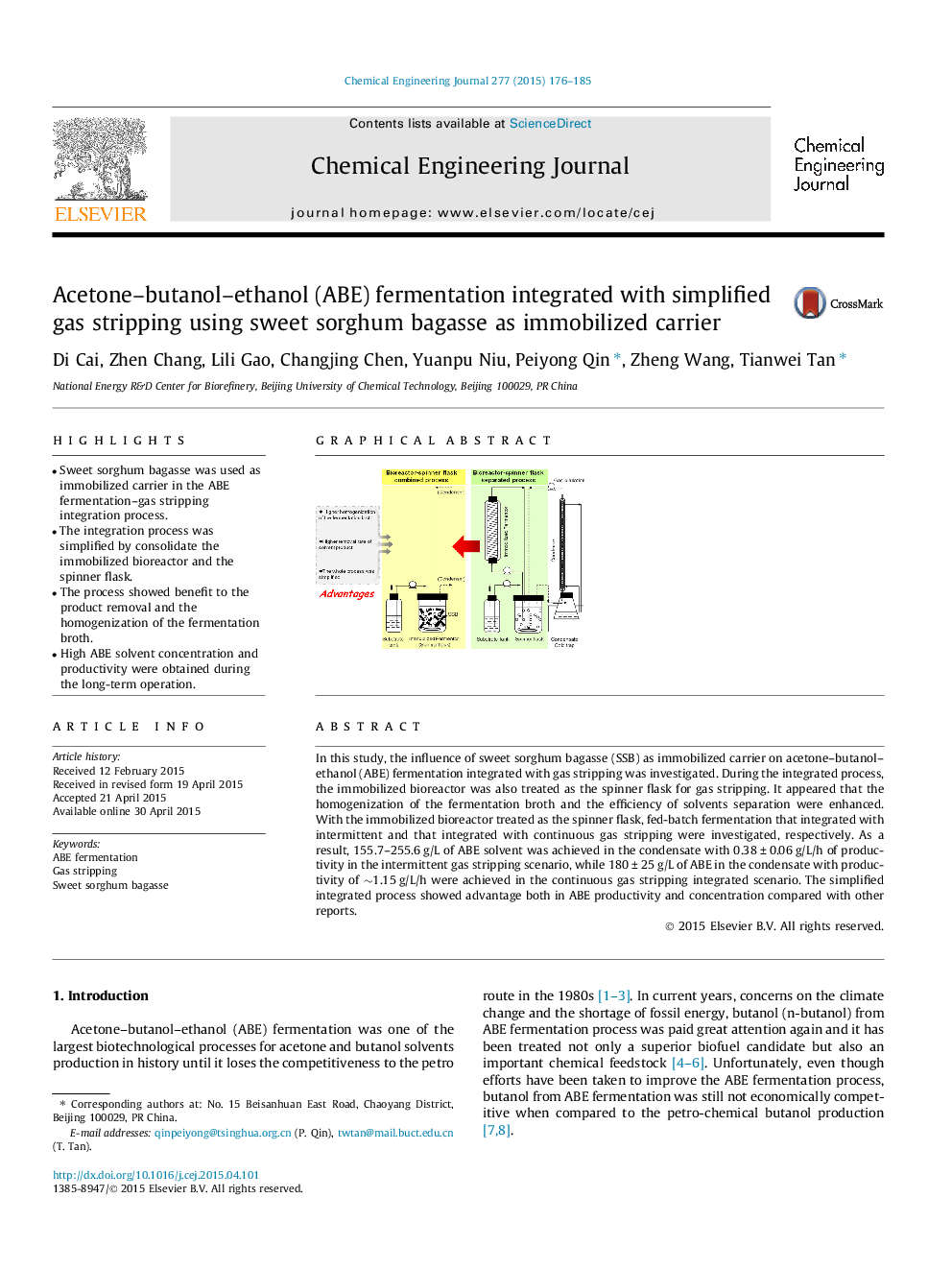 عکس صفحه اول مقاله: Acetone–butanol–ethanol (ABE) fermentation integrated with simplified gas stripping using sweet sorghum bagasse as immobilized carrier Acetone–butanol–ethanol (ABE) fermentation integrated with simplified gas stripping using sweet sorghum bagasse as immobilized carrier