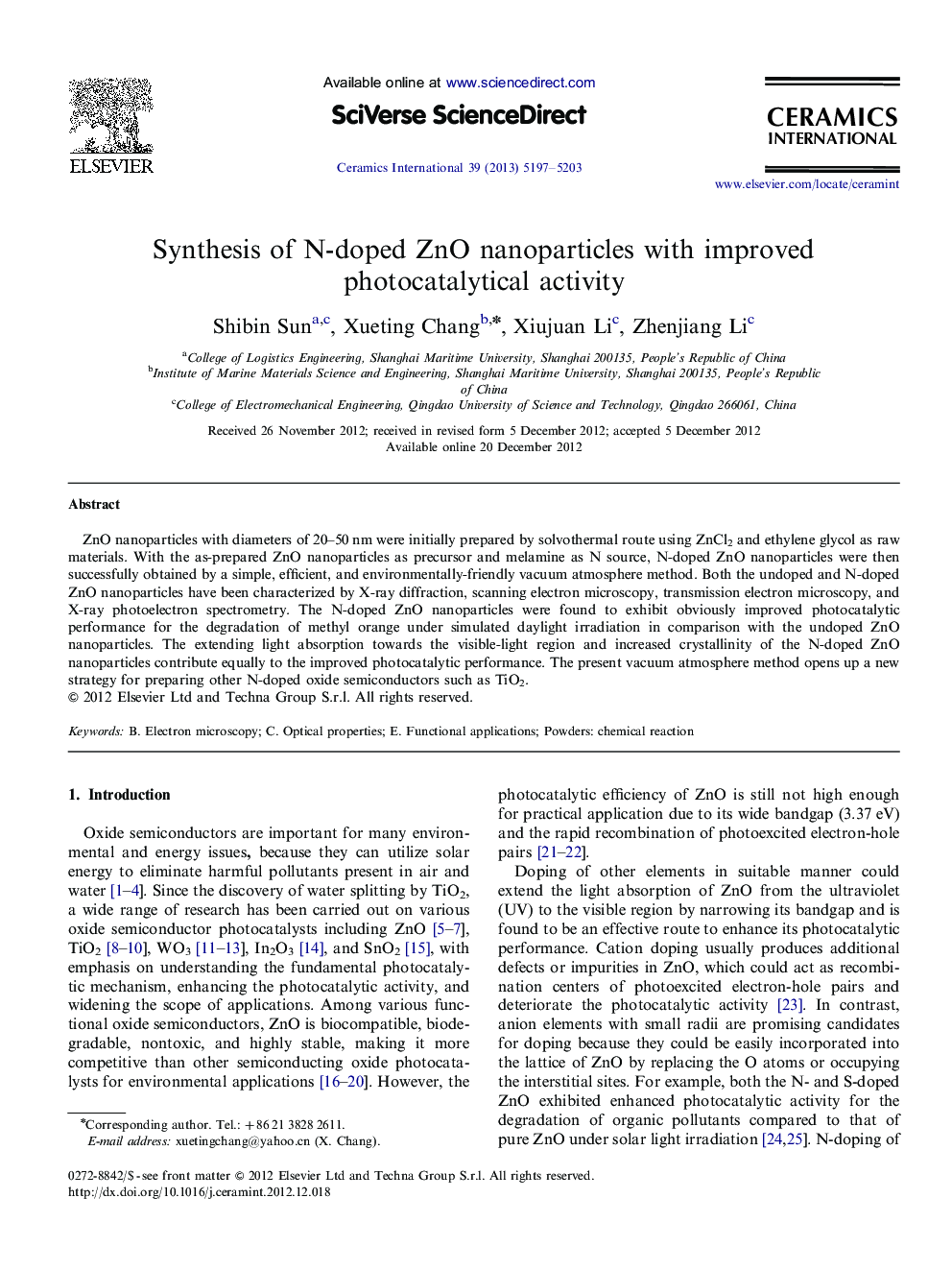 Synthesis of N-doped ZnO nanoparticles with improved photocatalytical activity