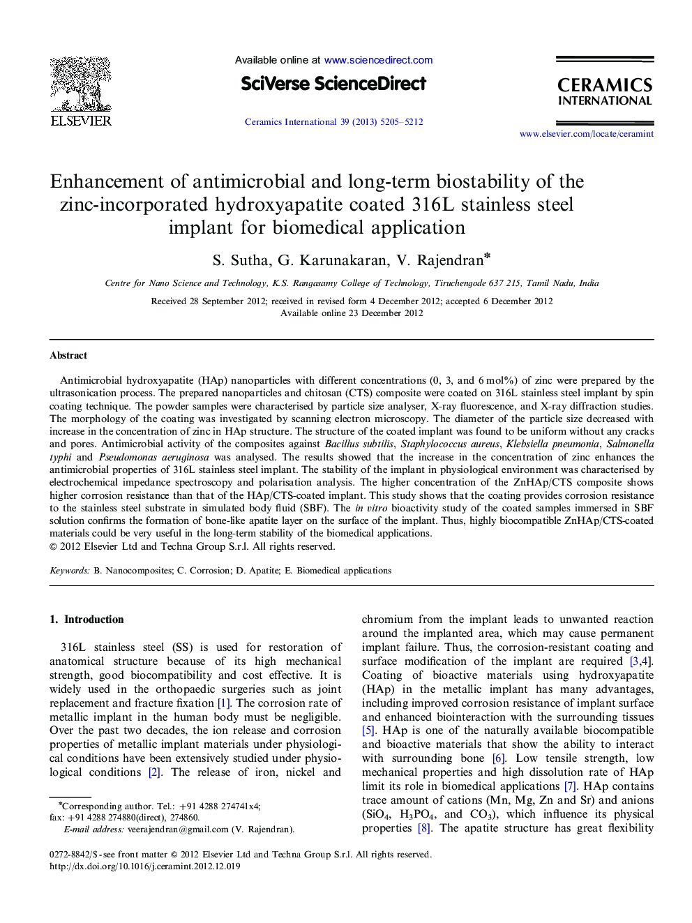 Enhancement of antimicrobial and long-term biostability of the zinc-incorporated hydroxyapatite coated 316L stainless steel implant for biomedical application