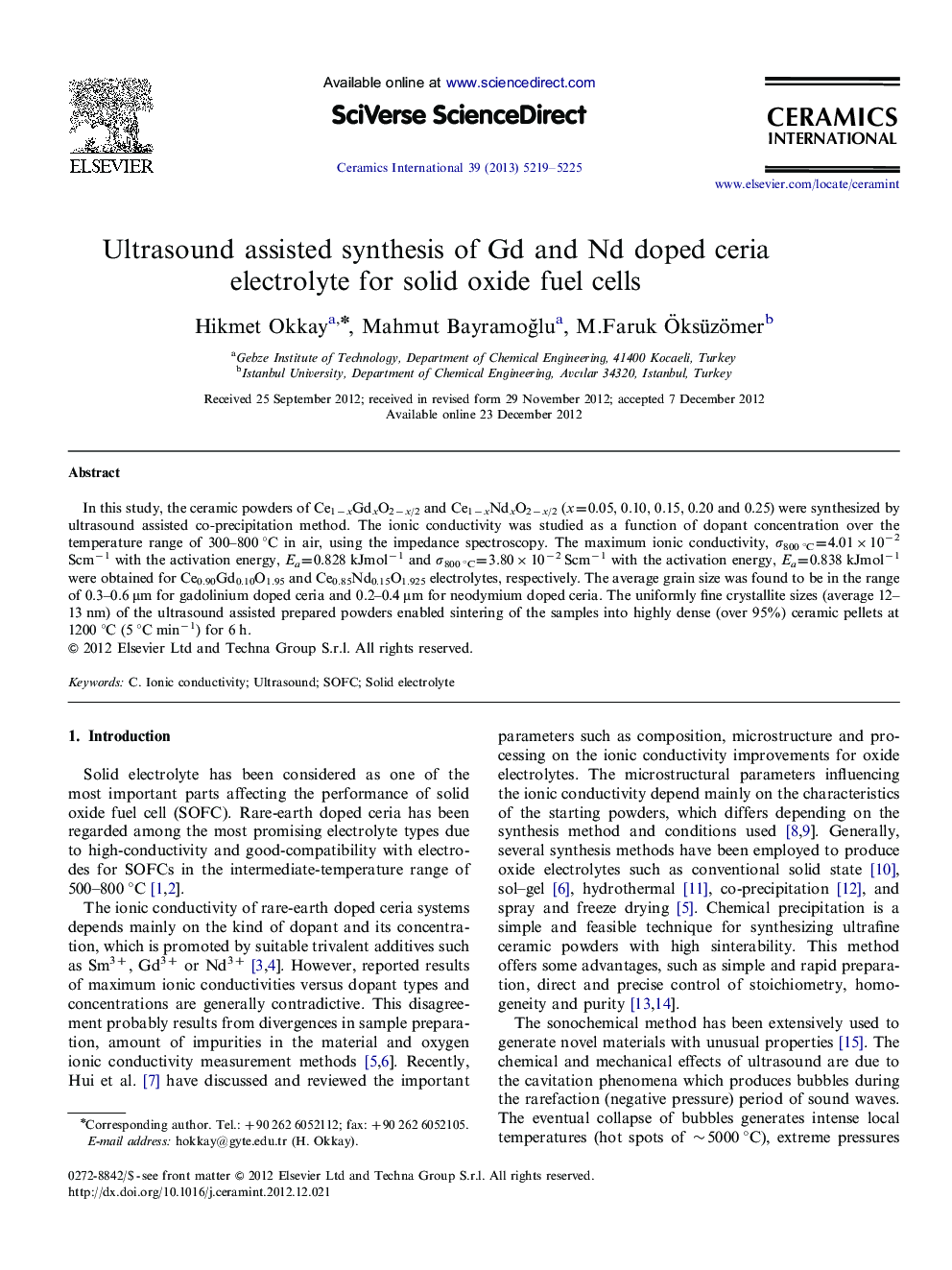 Ultrasound assisted synthesis of Gd and Nd doped ceria electrolyte for solid oxide fuel cells