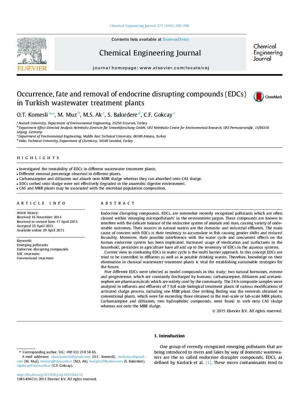 Occurrence, fate and removal of endocrine disrupting compounds (EDCs) in Turkish wastewater treatment plants