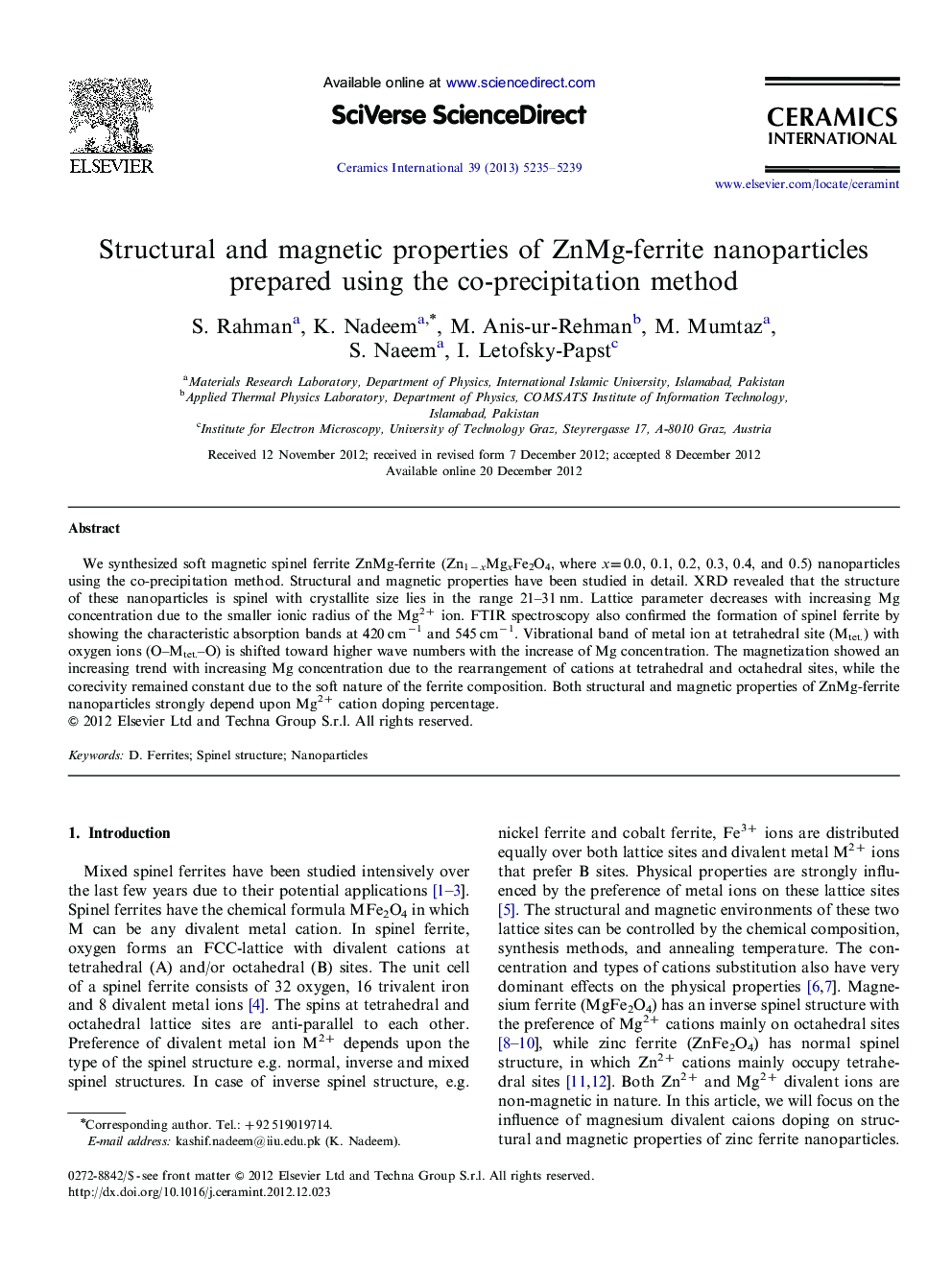 Structural and magnetic properties of ZnMg-ferrite nanoparticles prepared using the co-precipitation method