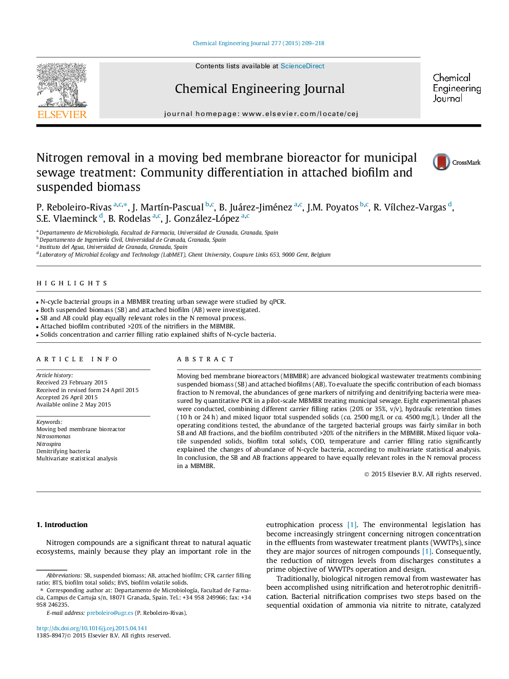 Nitrogen removal in a moving bed membrane bioreactor for municipal sewage treatment: Community differentiation in attached biofilm and suspended biomass