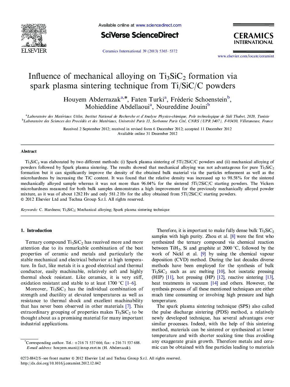 Influence of mechanical alloying on Ti3SiC2 formation via spark plasma sintering technique from Ti/SiC/C powders