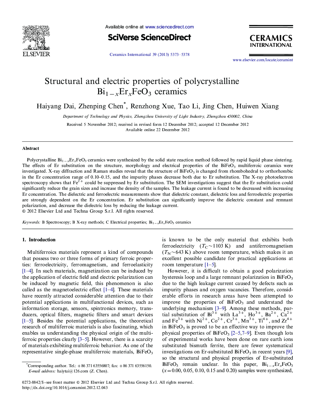 Structural and electric properties of polycrystalline Bi1âxErxFeO3 ceramics