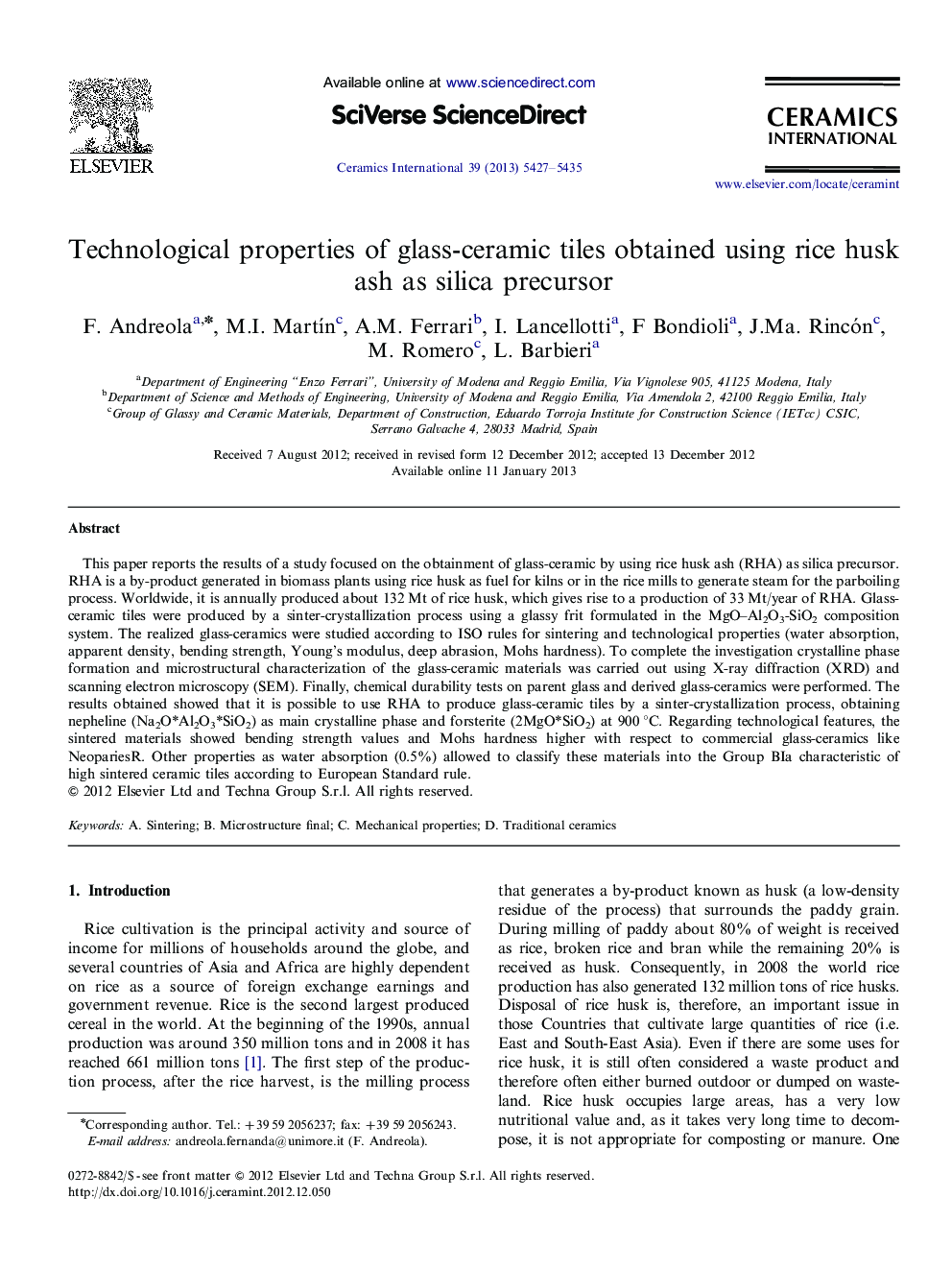 Technological properties of glass-ceramic tiles obtained using rice husk ash as silica precursor