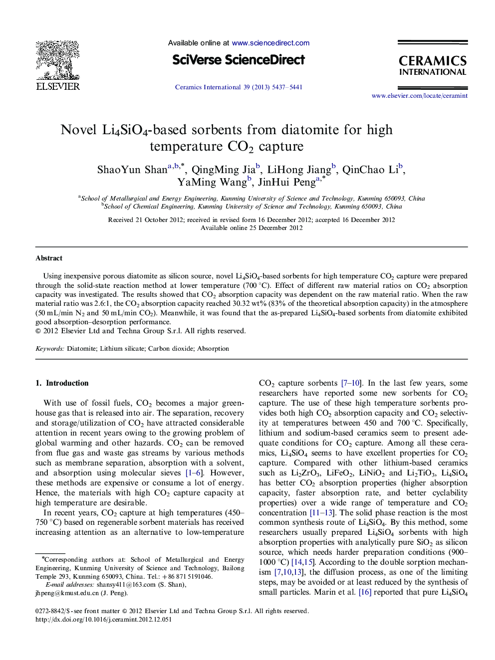 Novel Li4SiO4-based sorbents from diatomite for high temperature CO2 capture