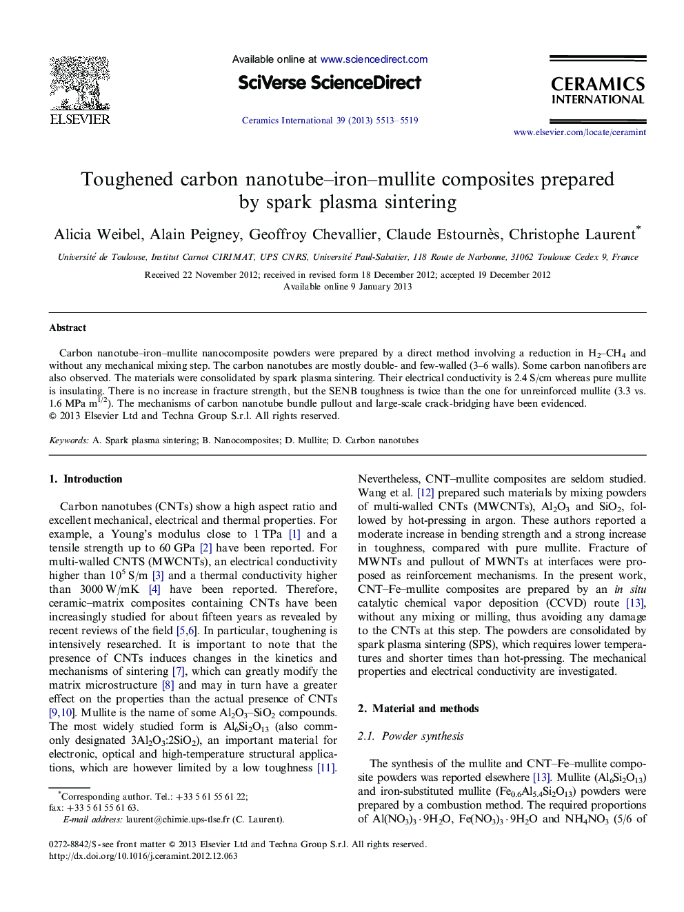 Toughened carbon nanotube–iron–mullite composites prepared by spark plasma sintering