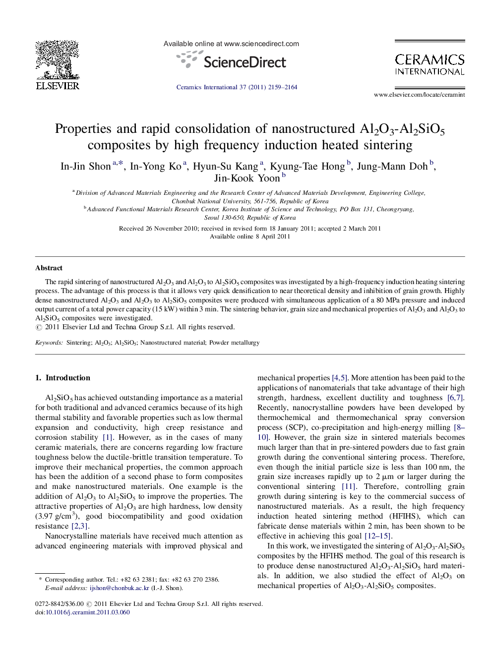 عکس صفحه اول مقاله: Properties and rapid consolidation of nanostructured Al2O3-Al2SiO5 composites by high frequency induction heated sintering Properties and rapid consolidation of nanostructured Al2O3-Al2SiO5 composites by high frequency induction heated sintering