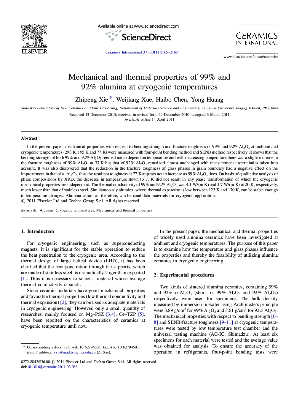 Mechanical and thermal properties of 99% and 92% alumina at cryogenic temperatures