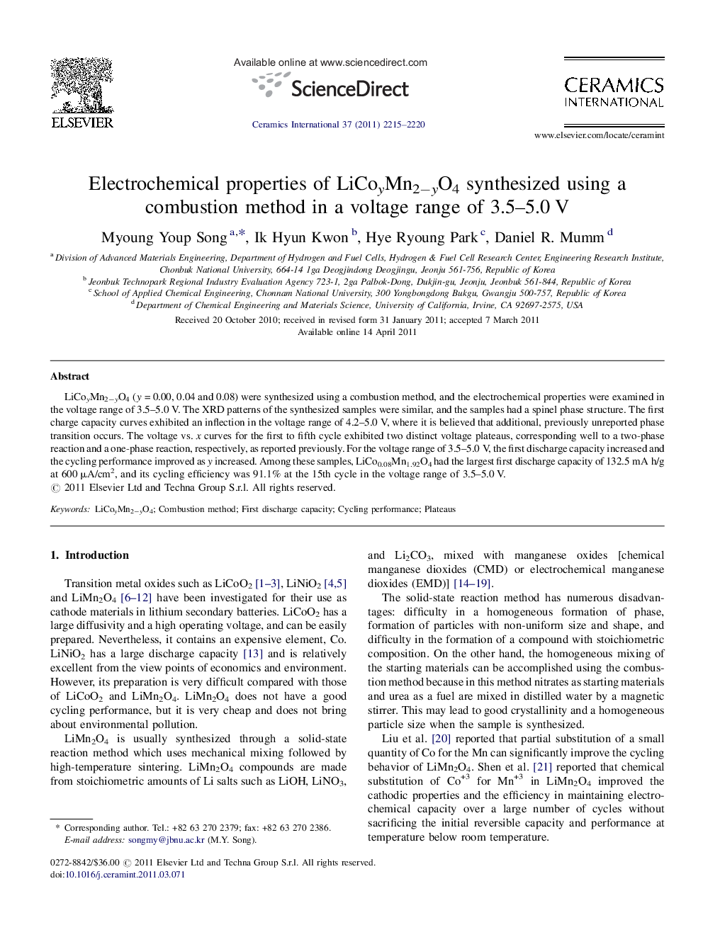 Electrochemical properties of LiCoyMn2âyO4 synthesized using a combustion method in a voltage range of 3.5-5.0Â V