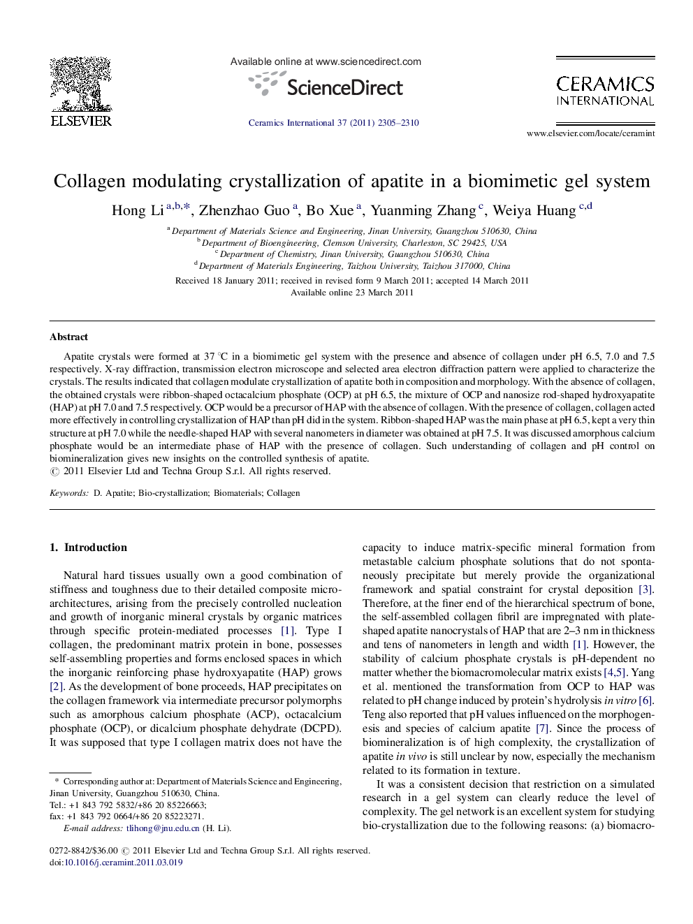 Collagen modulating crystallization of apatite in a biomimetic gel system