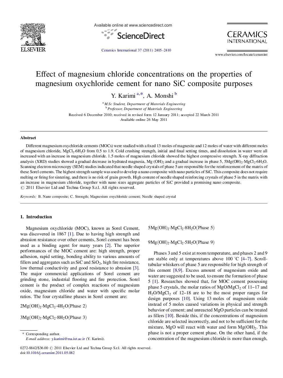 Effect of magnesium chloride concentrations on the properties of magnesium oxychloride cement for nano SiC composite purposes