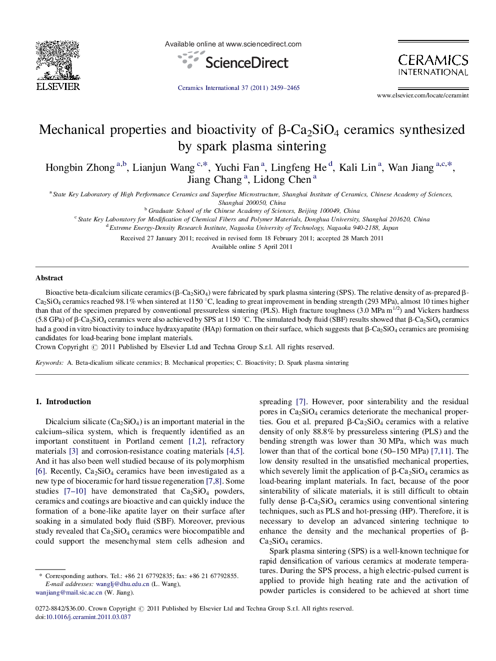 عکس صفحه اول مقاله: Mechanical properties and bioactivity of β-Ca2SiO4 ceramics synthesized by spark plasma sintering Mechanical properties and bioactivity of β-Ca2SiO4 ceramics synthesized by spark plasma sintering