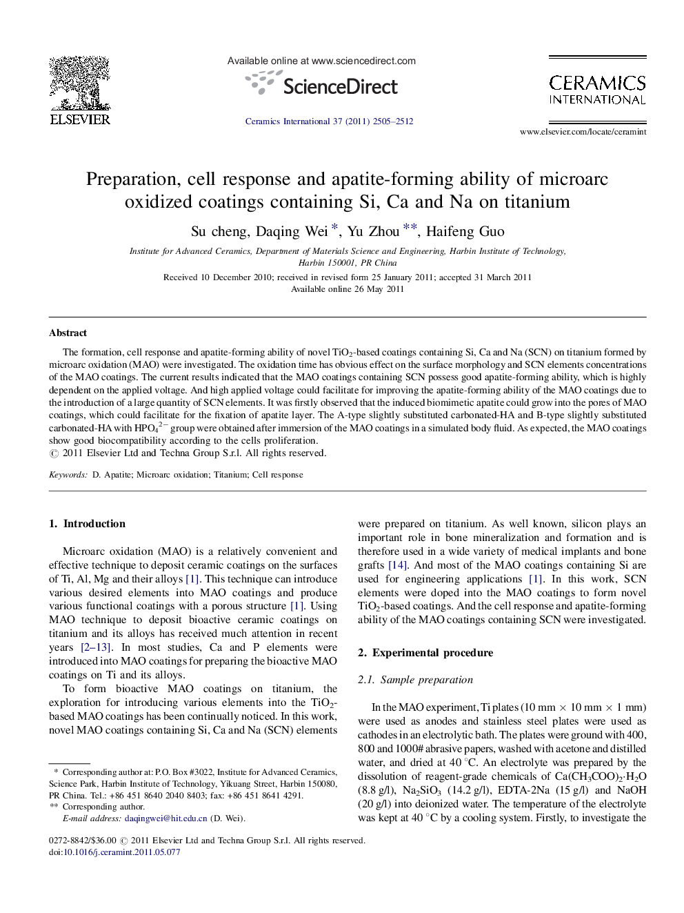 Preparation, cell response and apatite-forming ability of microarc oxidized coatings containing Si, Ca and Na on titanium