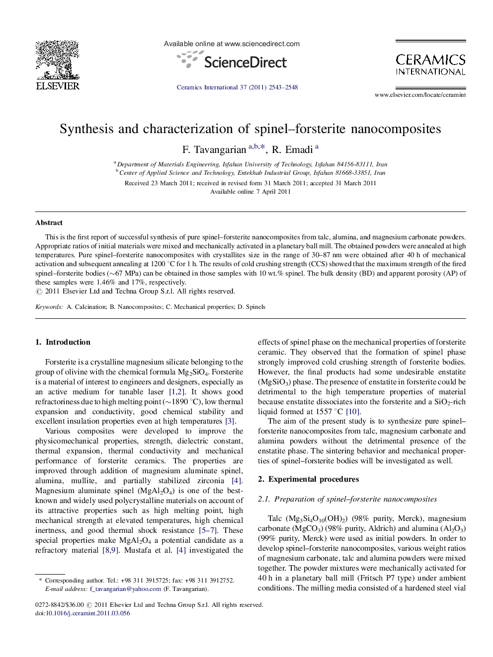 Synthesis and characterization of spinel–forsterite nanocomposites