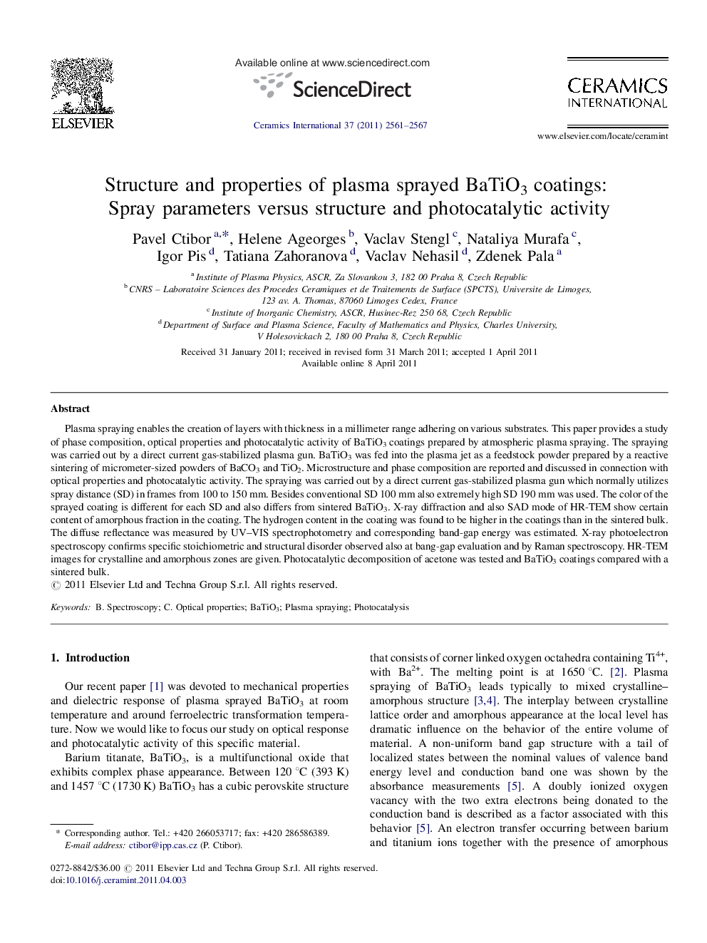 Structure and properties of plasma sprayed BaTiO3 coatings: Spray parameters versus structure and photocatalytic activity