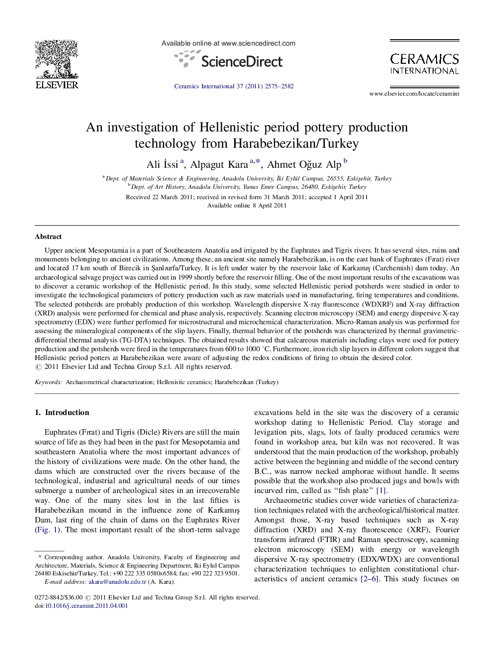 عکس صفحه اول مقاله: An investigation of Hellenistic period pottery production technology from Harabebezikan/Turkey An investigation of Hellenistic period pottery production technology from Harabebezikan/Turkey