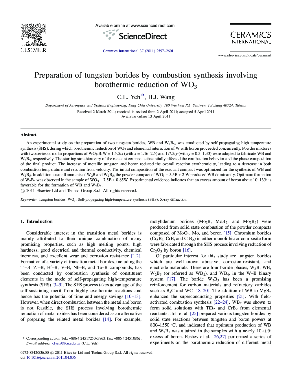 Preparation of tungsten borides by combustion synthesis involving borothermic reduction of WO3