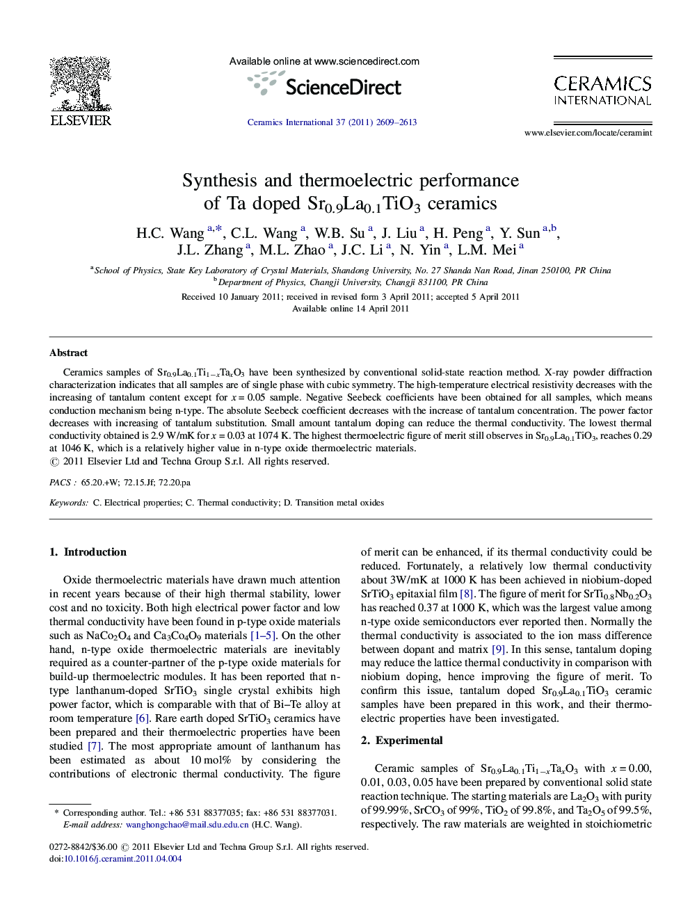 Synthesis and thermoelectric performance of Ta doped Sr0.9La0.1TiO3 ceramics