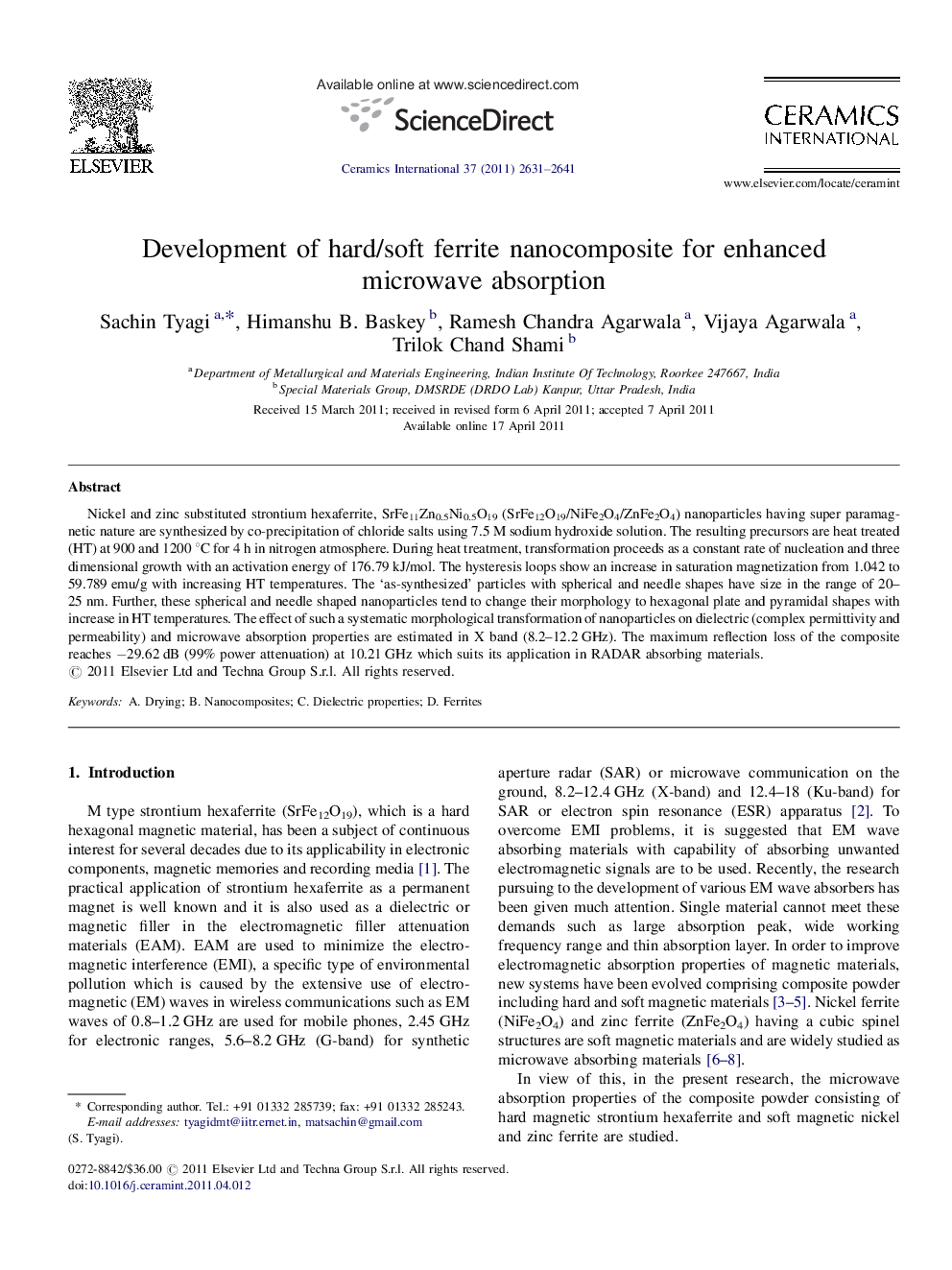 Development of hard/soft ferrite nanocomposite for enhanced microwave absorption