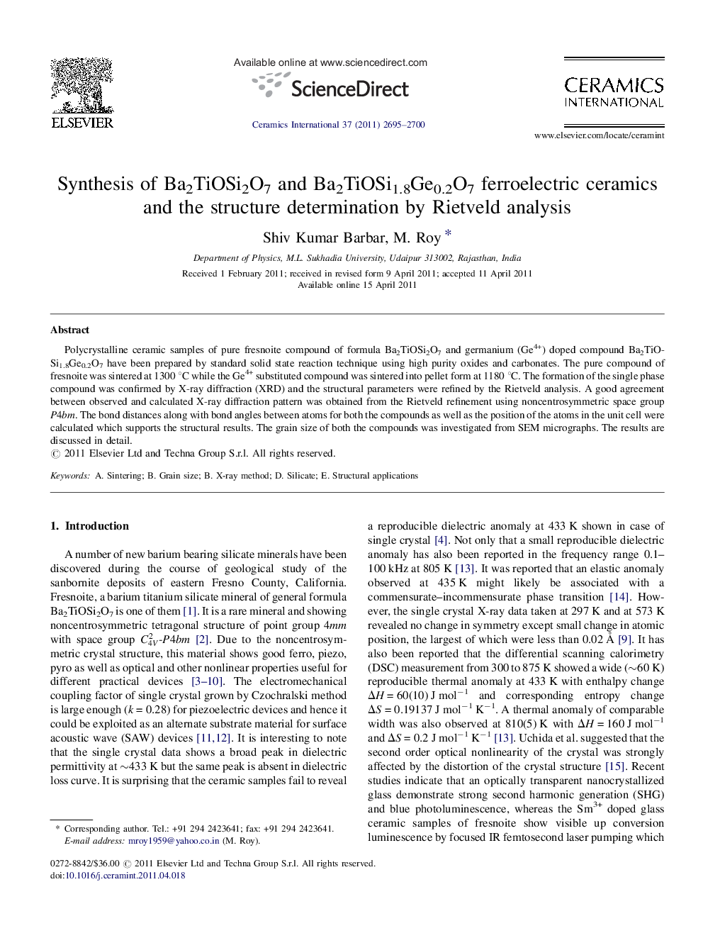 Synthesis of Ba2TiOSi2O7 and Ba2TiOSi1.8Ge0.2O7 ferroelectric ceramics and the structure determination by Rietveld analysis